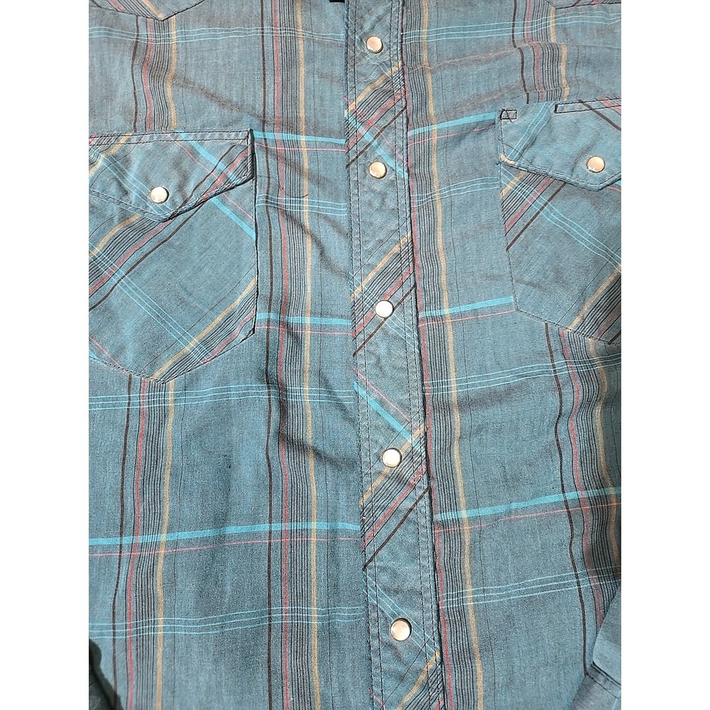 Wrangler Western Shirt Teal Plaid Long Sleeve Pearl Snap Cowboy Rancher XL - Picture 2 of 9